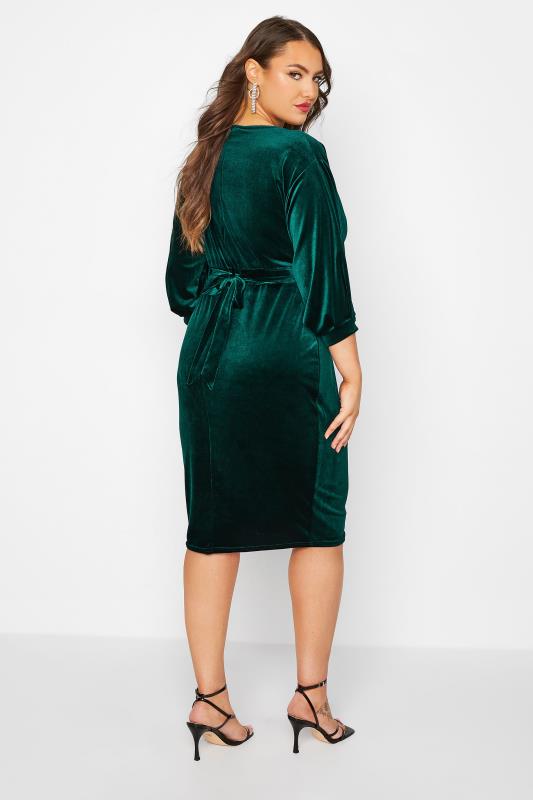 YOURS LONDON Curve Green Velvet Drop Shoulder Bodycon Wrap Dress | Yours Clothing 3