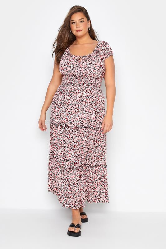 Plus Size White & Orange Ditsy Print Bardot Maxi Dress | Yours Clothing 1