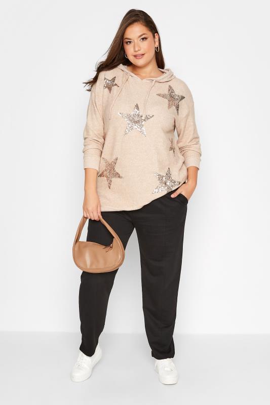 Plus Size Beige Brown Marl Sequin Star Print Brushed Hoodie | Yours Clothing 2