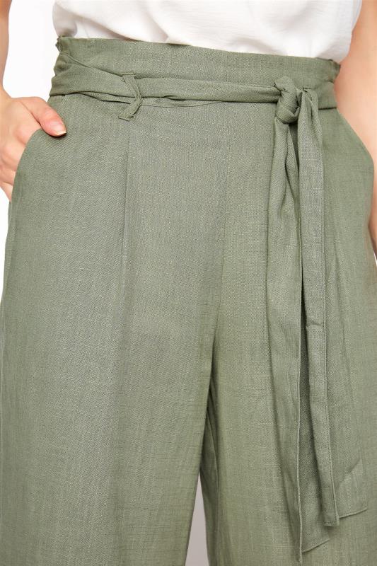 LTS Tall Khaki Green Linen Mix Belted Waist Cropped Trousers 3