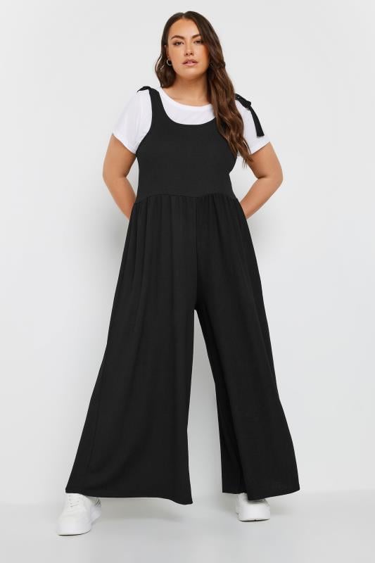 YOURS Plus Size Black Textured Wide Leg Jumpsuit | Yours Clothing  2