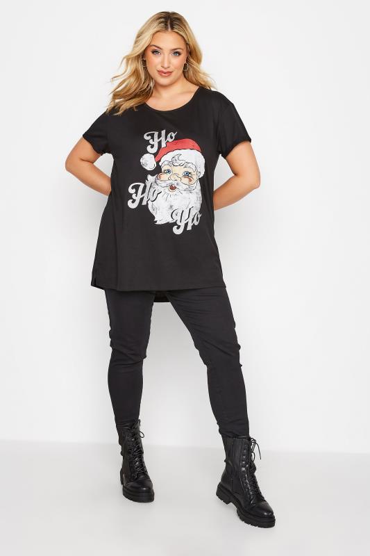 Plus Size Black 'Ho Ho Ho' Glitter Slogan Christmas T-Shirt | Yours Clothing 2