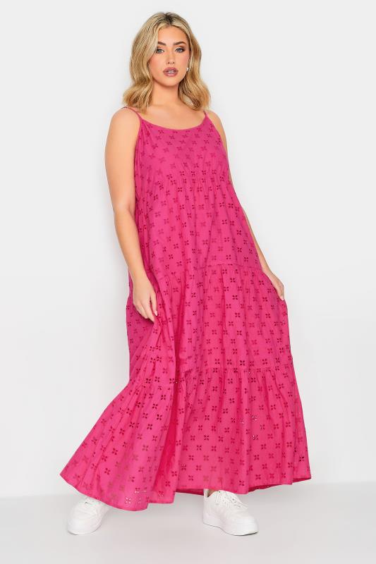 YOURS PETITE Plus Size Hot Pink Broderie Anglaise Strap Maxi Dress | Yours Clothing 2