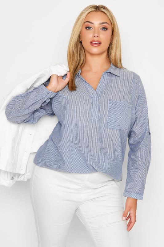 Plus Size Blue Stripe Placket Shirt | Yours Clothing 1