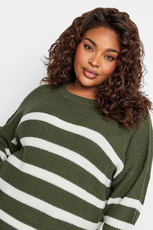 YOURS Plus Size Khaki Green Stripe Side Split Knitted Jumper | Yours Clothing 4
