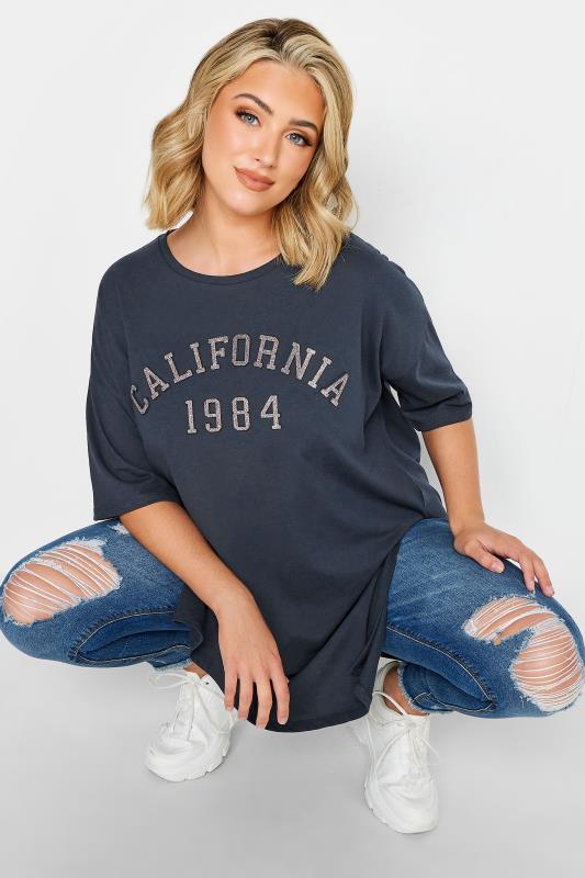 YOURS Curve Navy Blue 'California' Glitter Embossed T-Shirt | Yours Clothing  4