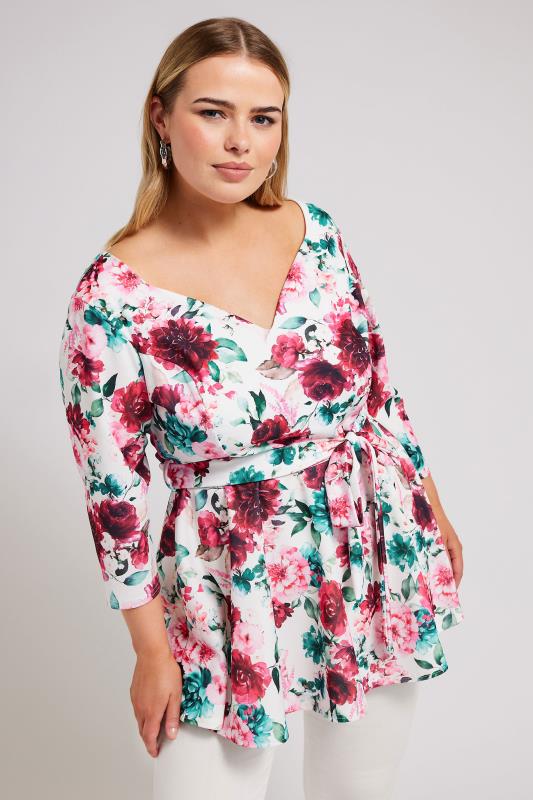 YOURS LONDON Plus Size Pink & Blue Floral Print Peplum Top | Yours Clothing 1