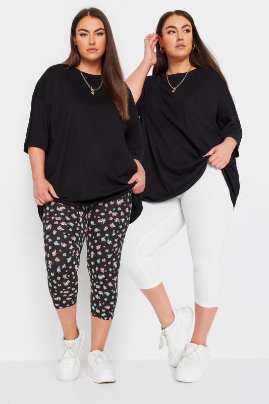 Plus Size  YOURS Curve 2 PACK Black & White Ditsy Floral Print Cropped Leggings