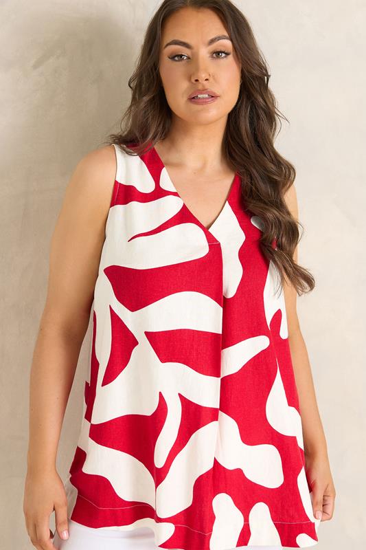 EVANS Plus Size Red Abstract Premium Linen Vest Top | Evans 1