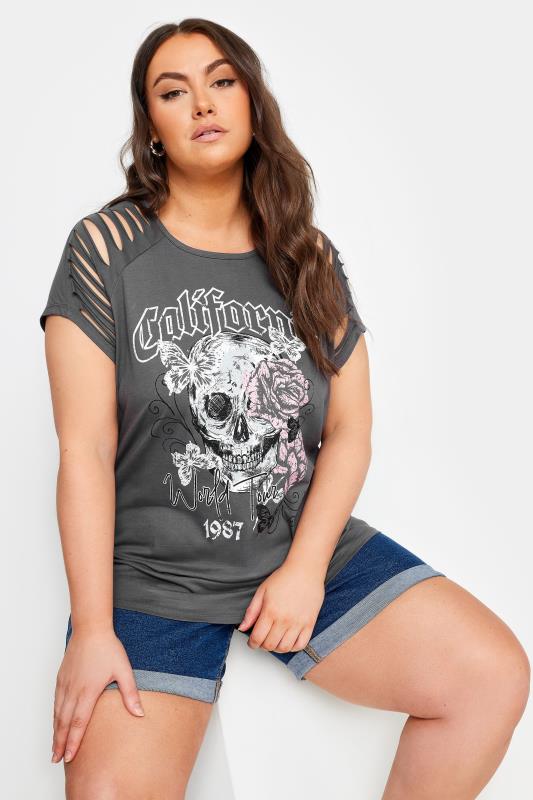 YOURS Plus Size Grey Cut Out 'California' Slogan T-Shirt | Yours Clothing 1