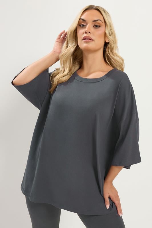 YOURS Plus Size Charcoal Grey Oversized Boxy T-Shirt | Yours Clothing 1