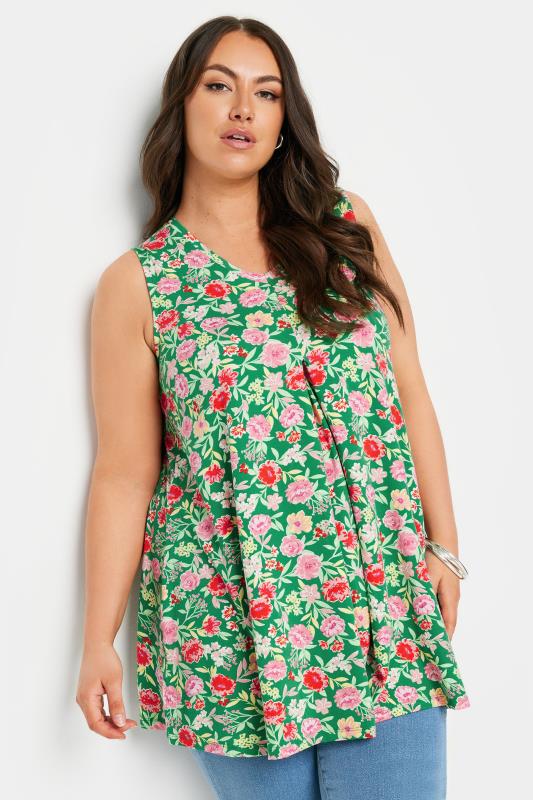 YOURS Plus Size Green Floral Print Swing Vest Top | Yours Clothing 1