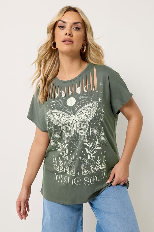 YOURS Plus Size Khaki Green  'Mystic Soul' Laser Cut Slogan T-Shirt | Yours Clothing 1