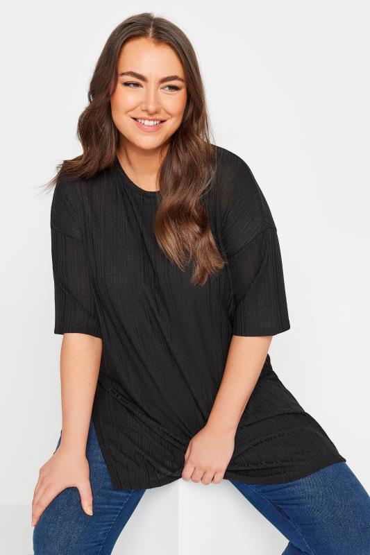 YOURS Plus Size Black Textured Ribbed Oversized Top | Yours Clothing 1