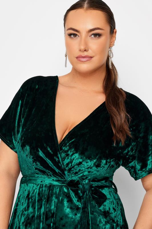 YOURS LONDON Plus Size Emerald Green Velvet Wrap Skater Dress | Yours Clothing 4