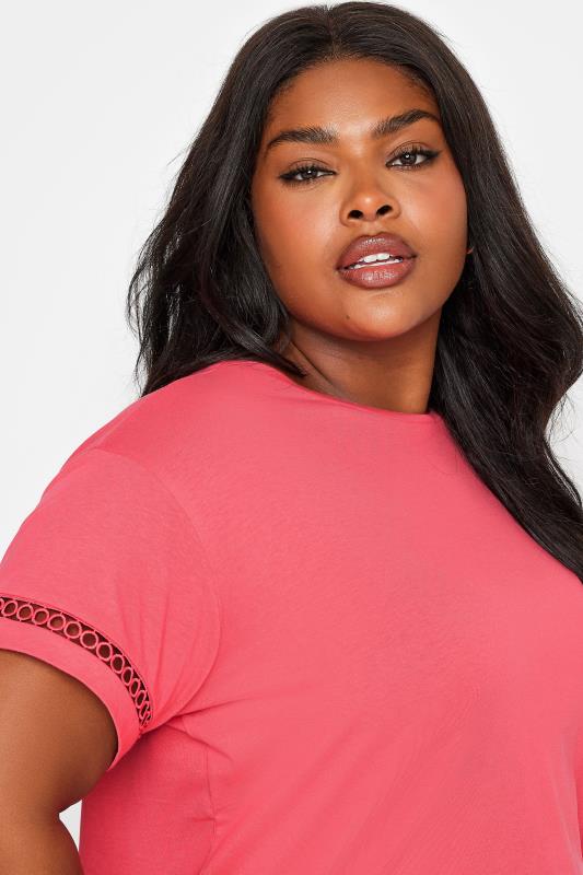LIMITED COLLECTION Plus Size Coral Pink Crochet Trim Short Sleeve T-Shirt | Yours Clothing 4