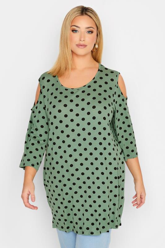 Plus Size Green Spot Print Cold Shoulder Top | Yours Clothing 1