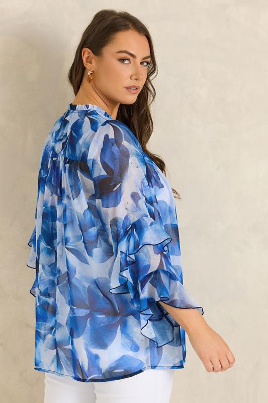 EVANS Plus Size Blue Floral Tie Neck Frill Blouse | Evans 2