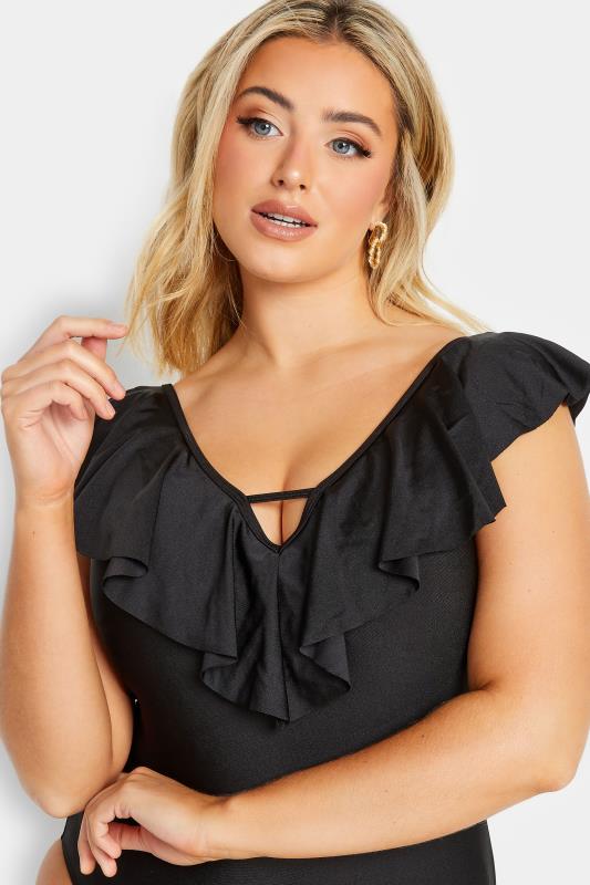 YOURS Plus Size Curve Black Frill Plunge Tummy Control Swimsuit | Yours Clothing  5