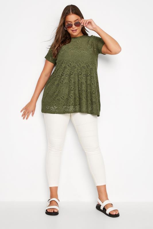 Plus Size Khaki Green Broderie Anglaise Swing T-Shirt | Yours Clothing 2