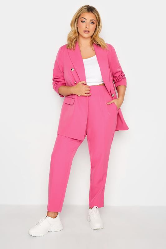 YOURS Plus Size Curve Bright Pink Darted Waist Tapered Trousers | Yours Clothing  3