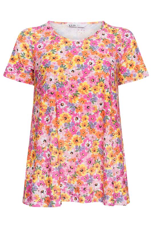 YOURS Plus Size Pink Floral Print Broderie Anglaise Swing T-Shirt | Yours Clothing 5