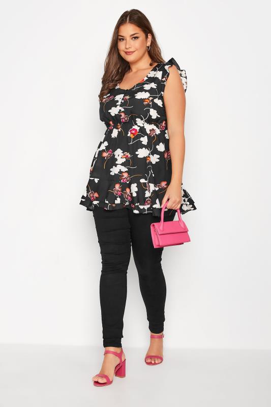Plus Size Black Floral Print Frill Sleeve Smock Top | Yours Clothing 2