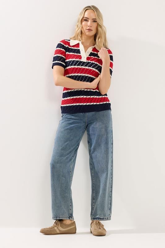 LTS Tall Woman's Blue & Red Crochet Stripe Polo Top | Long Tall Sally 2