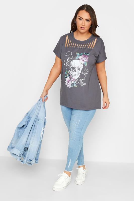 YOURS Plus Size Grey Skull Print Distressed T-Shirt | Yours Clothing 2