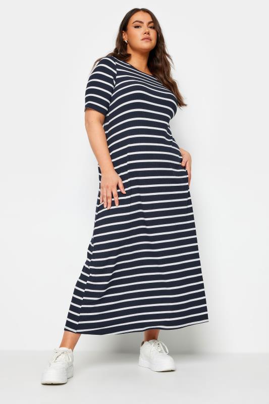 YOURS Plus Size Navy Blue & White Striped Ribbed Swing Maxi Dress | Yours Clothing 2