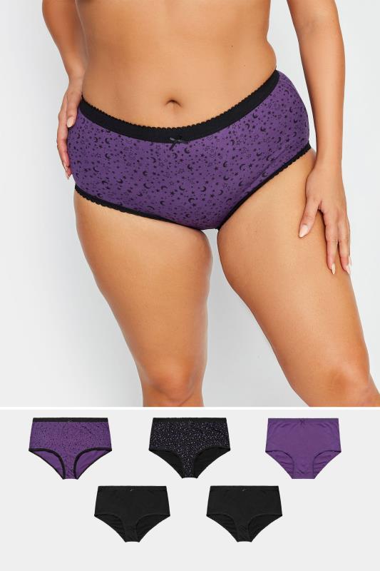 Plus Size  YOURS 5 PACK Curve Black & Purple Star Print High Waisted Full Briefs