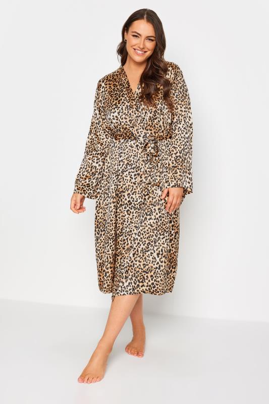 YOURS Plus Size Brown Animal Print Satin Robe | Yours Clothing 1