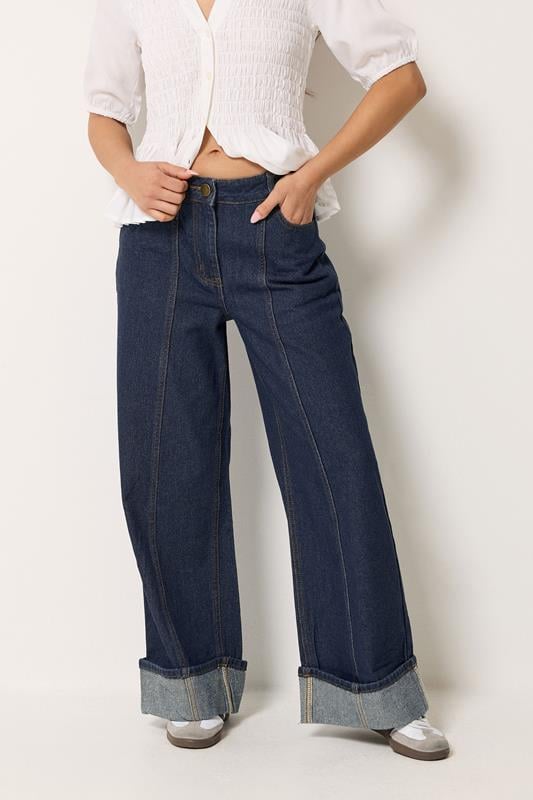 PixieGirl Petite Women's Dark Blue Seam Front Turn Up Denim Jeans | PixieGirl 1