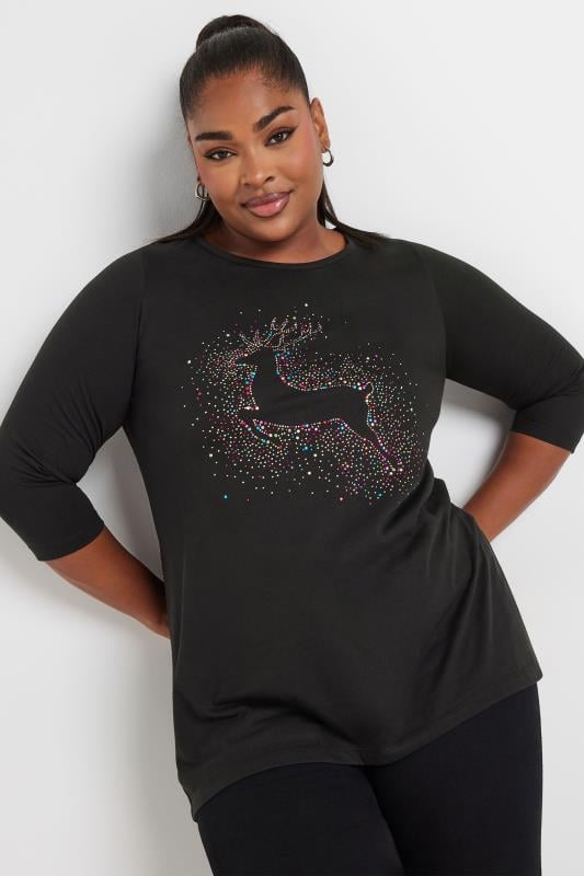 YOURS Plus Size Black Diamante Reindeer Christmas Top | Yours Clothing  2