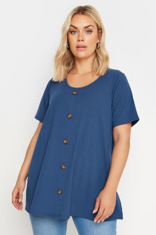 Plus Size  YOURS Curve Blue Button Front Ribbed T-Shirt