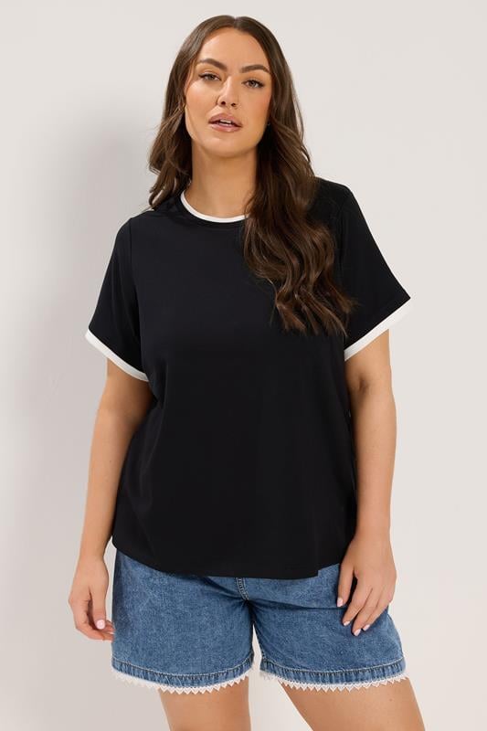 YOURS Plus Size Black Contrast Trim Ringer T-Shirt | Yours Clothing 1