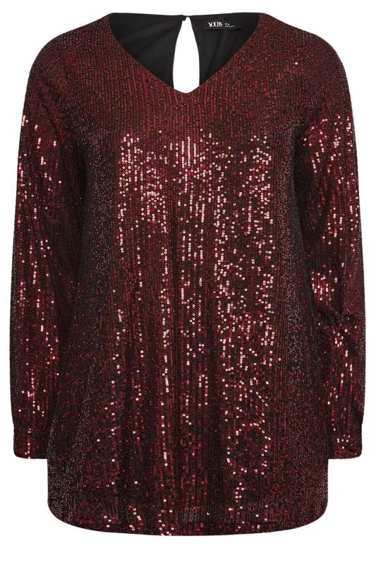 YOURS LONDON Plus Size Wine Red Sequin Embellished Long Sleeve Top | Yours Clothing 5