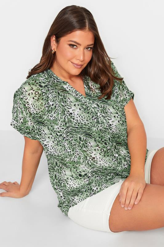 YOURS Plus Size Khaki Green Animal Print Half Placket Shirt | Yours Clothing 1