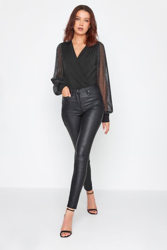 LTS Tall Black Glitter Long Mesh Sleeve Bodysuit | Long Tall Sally  2