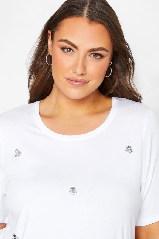 YOURS Plus Size White Diamante Embellished T-Shirt | Yours Clothing 4