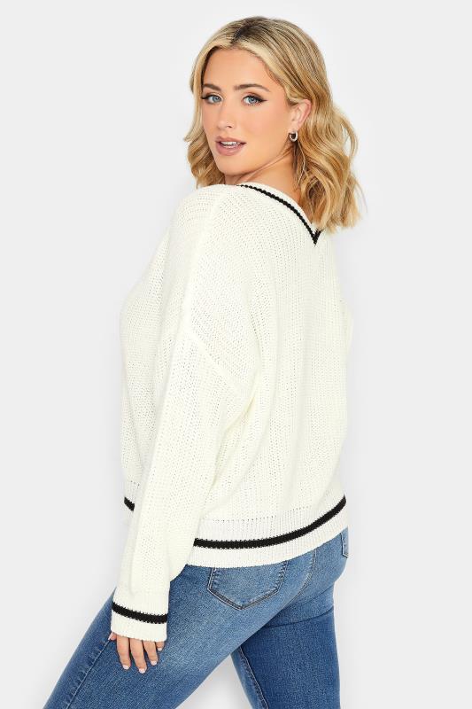 YOURS PETITE Plus Size White Stripe V-Neck Jumper | Yours Clothing 3