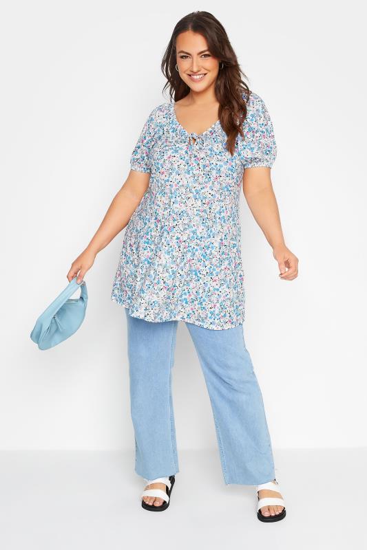 Plus Size Blue Disty Keyhole Gypsy Top | Yours Clothing 2