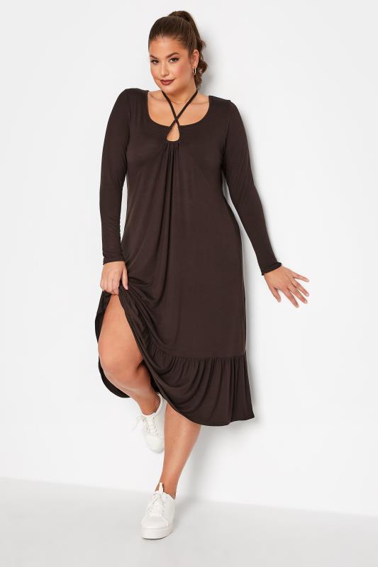 Plus Size  LIMITED COLLECTION Curve Chocolate Brown Keyhole Tie Neck Midaxi Dress