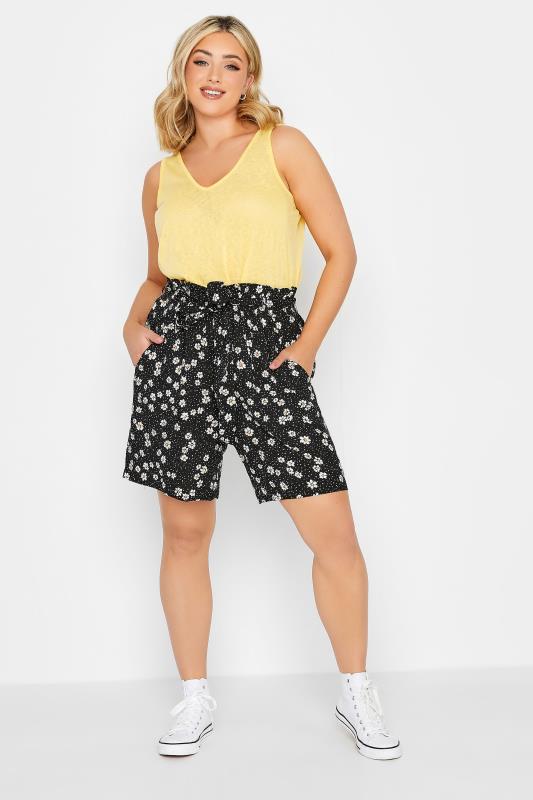 YOURS Plus Size Black Daisy Print Paperbag Waist Shorts | Yours Clothing 2