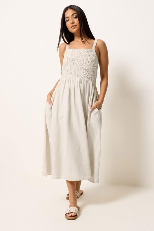 M&Co Petite Natural Brown Linen Embroidered Trim Maxi Dress | M&Co 1