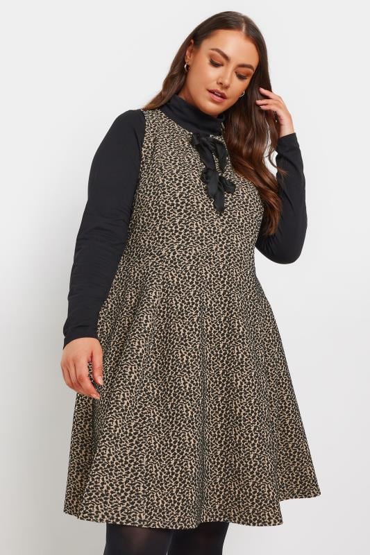  YOURS Curve Brown Leopard Print Bow Tie Pinafore Dress