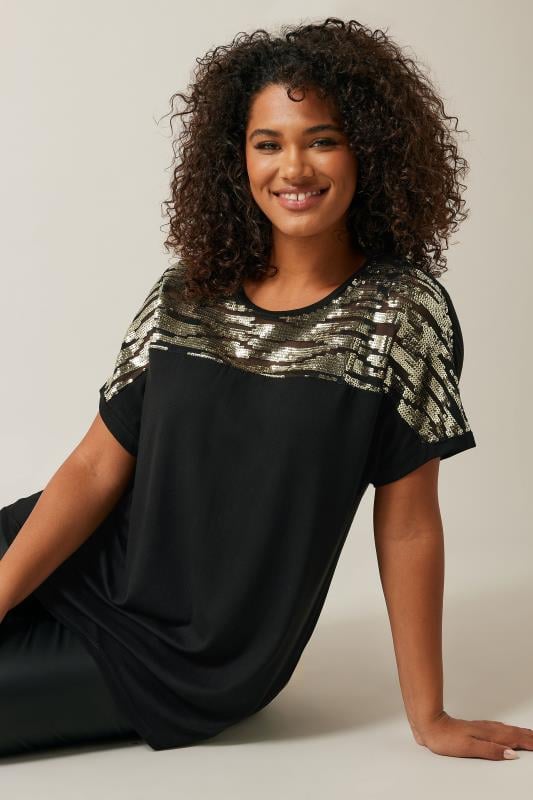 EVANS Plus Size Black & Gold Sequin Embellished T-Shirt | Evans 2