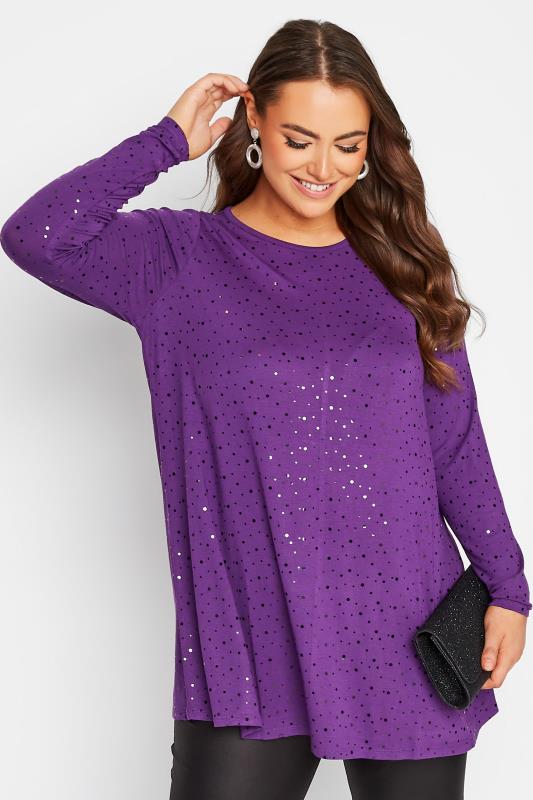 Plus Size  Curve Purple Embellished Long Sleeve Swing Top