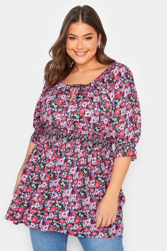 YOURS Plus Size Black Floral Print Shirred Waist Gypsy Top | Yours Clothing 1