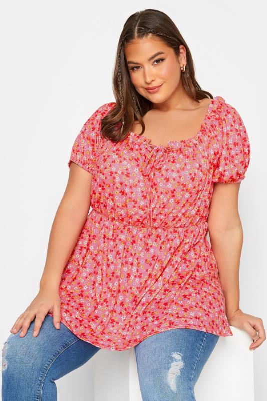 LIMITED COLLECTION Plus Size Pink Floral Ditsy Bardot Top | Yours Clothing  4